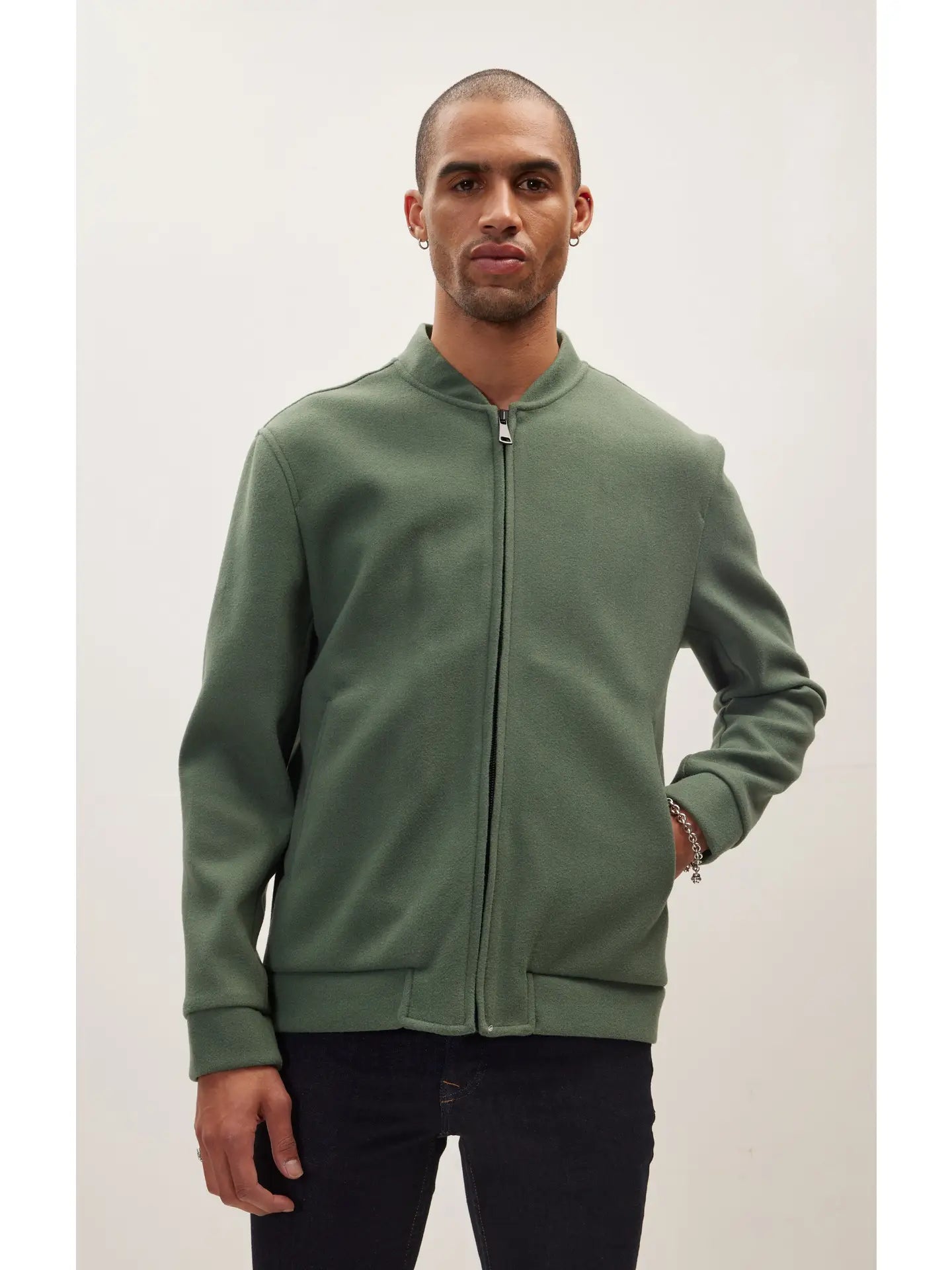 Ron Tomson-Men's Relaxed Unlined Varsity Zipper Jacket - Teal Green
