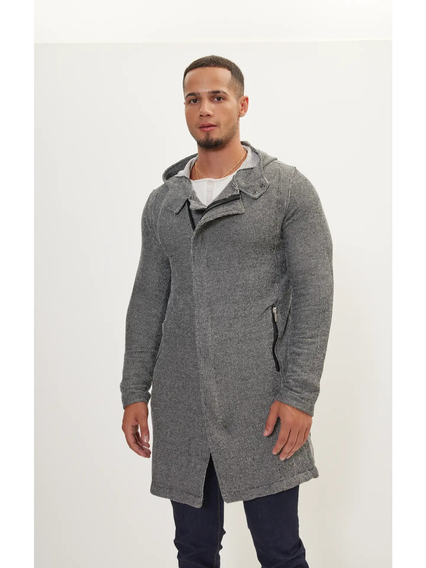 Ron Tomson-Men's Asymmetric Cardigan Zipper Closure W/Hood- Black White