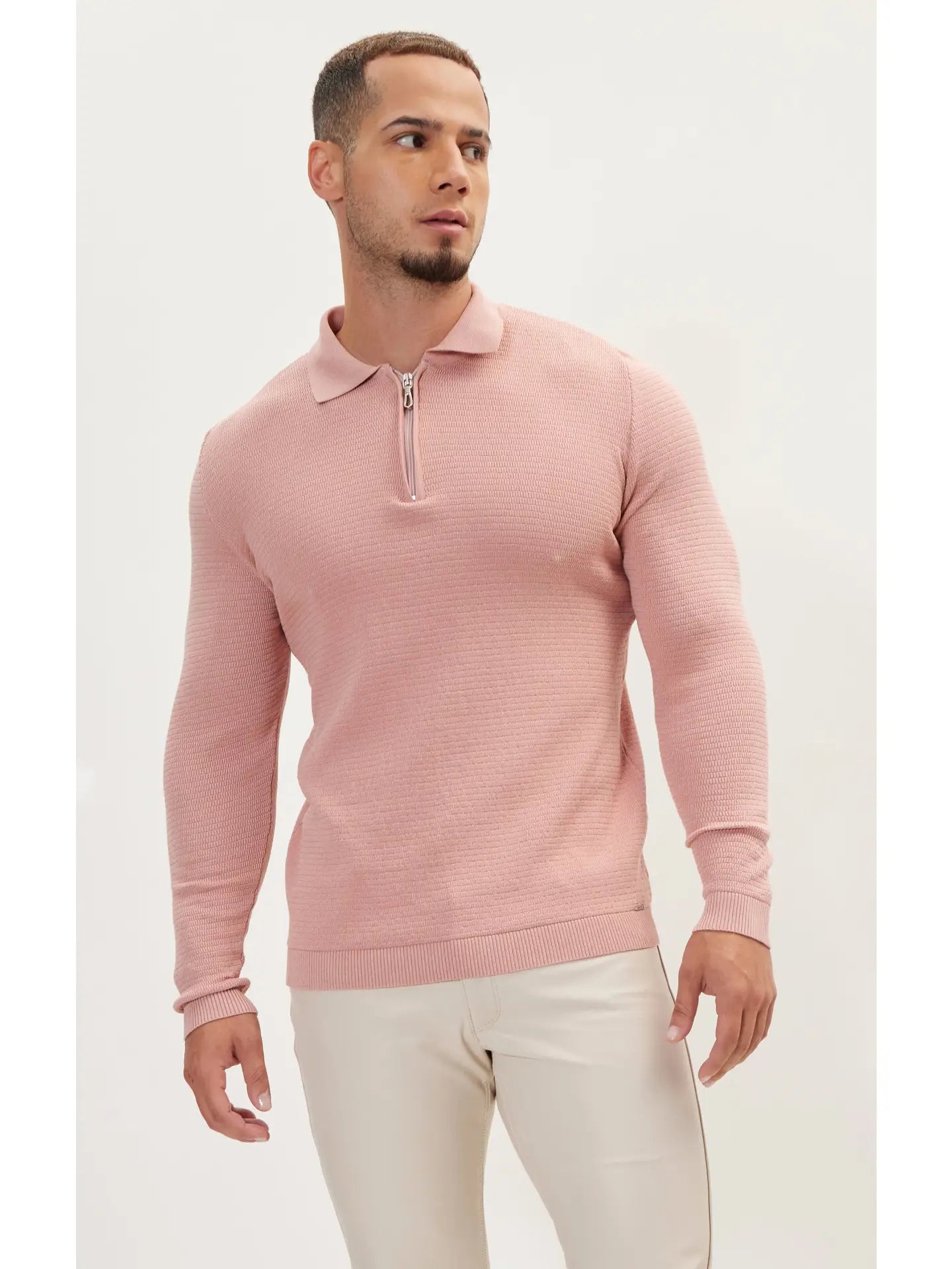 Ron Tomson-Men's Quarter Zipper Ribbed Polo - Rose
