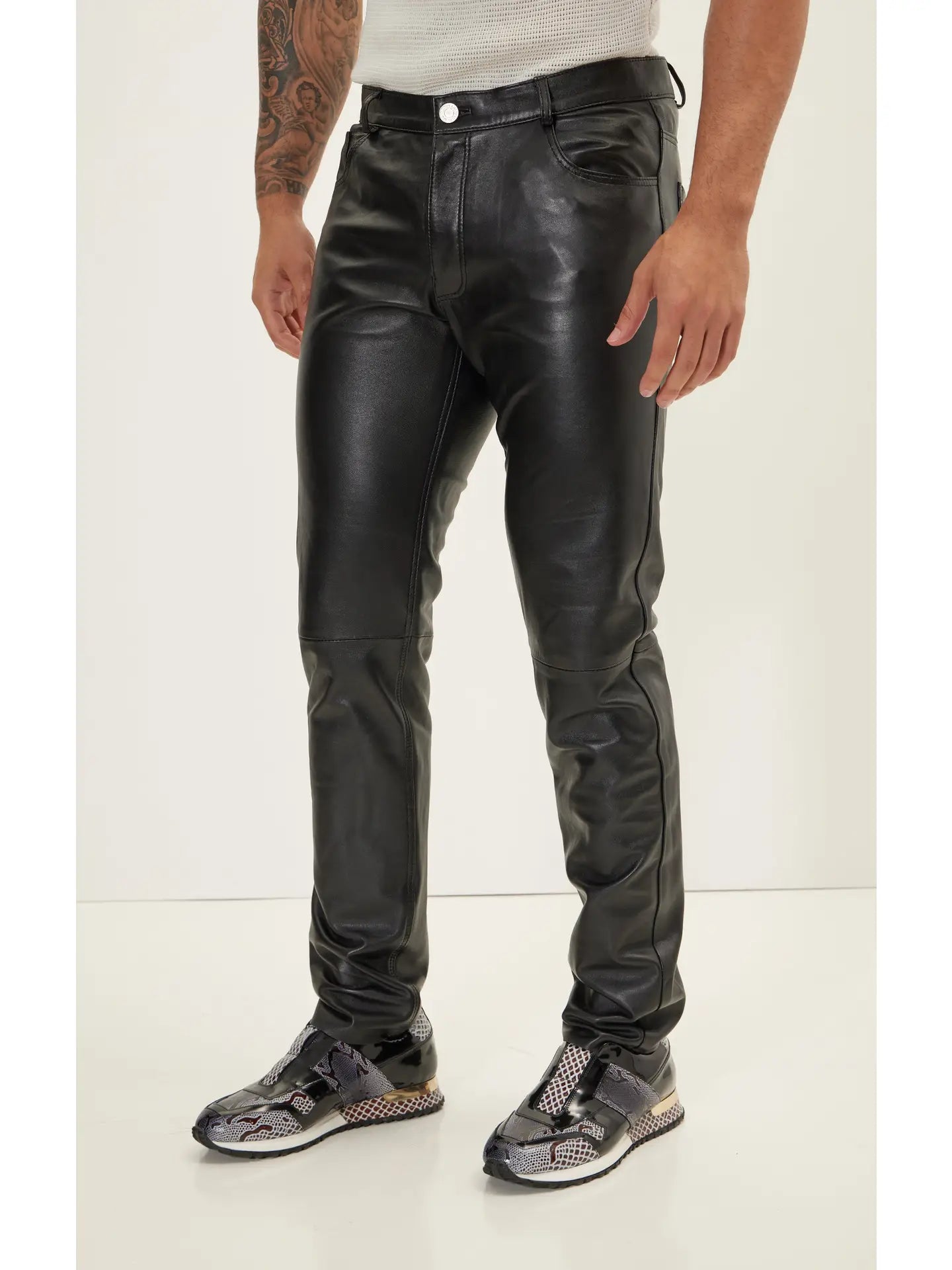 Ron Tomson-Men's Genuine Lambskin Leather Pants - Black
