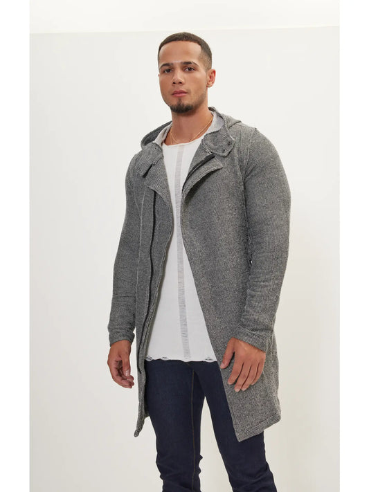 Ron Tomson-Men's Asymmetric Cardigan Zipper Closure W/Hood- Black White