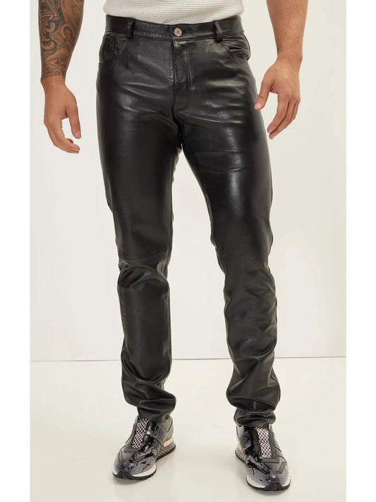 Ron Tomson-Men's Genuine Lambskin Leather Pants - Black
