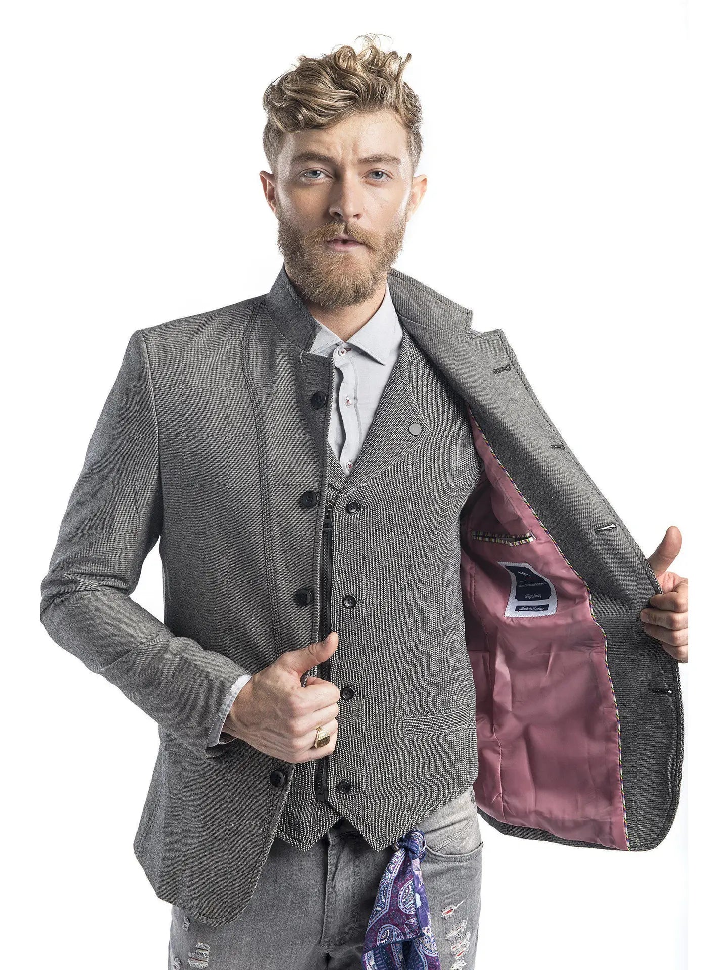 Ron Tomson-Men's Symmetric Button Closure Jacket - Grey