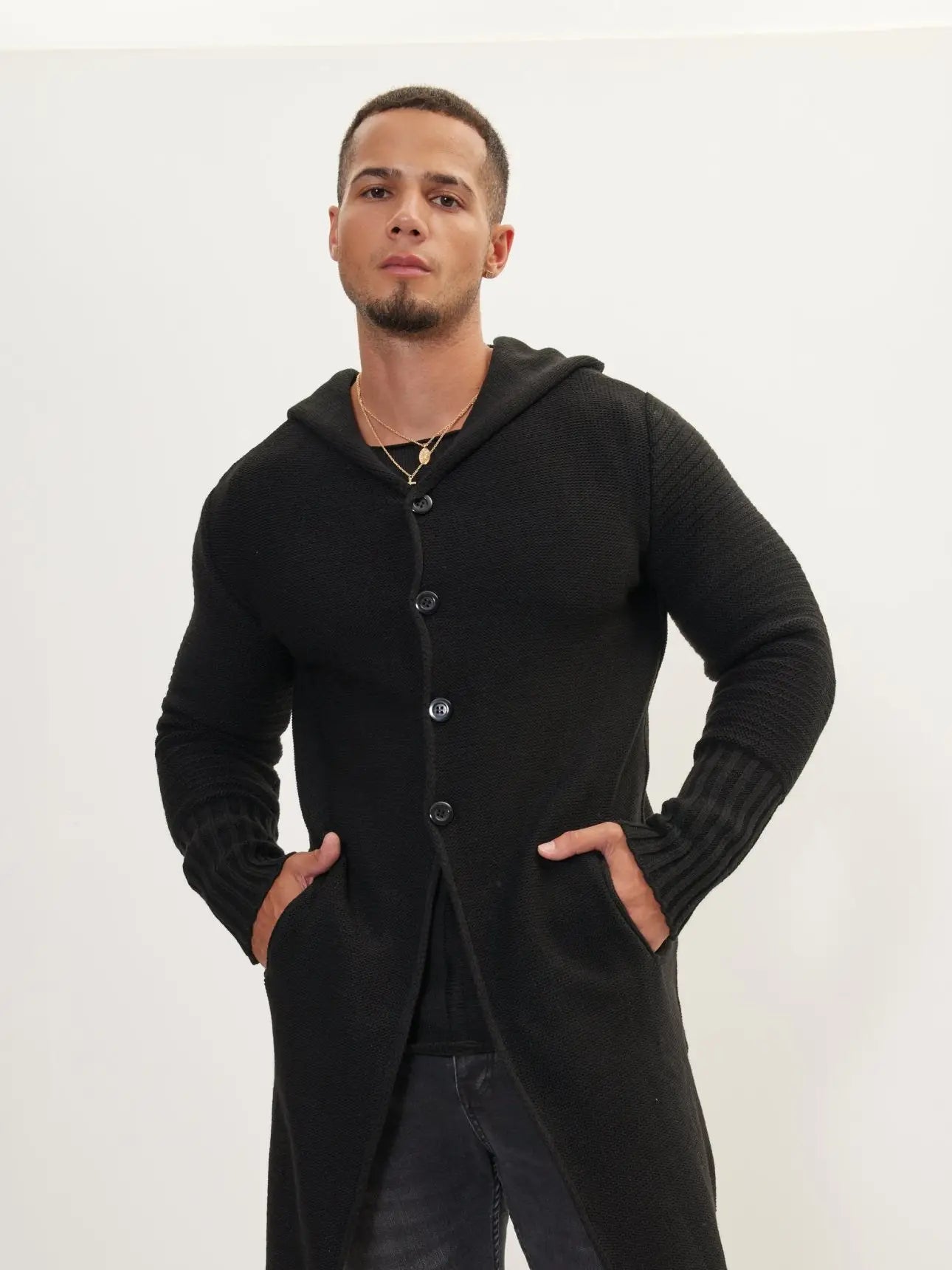 Ron Tomson-Ribbed Sleeves Fitted Cardigan - Black