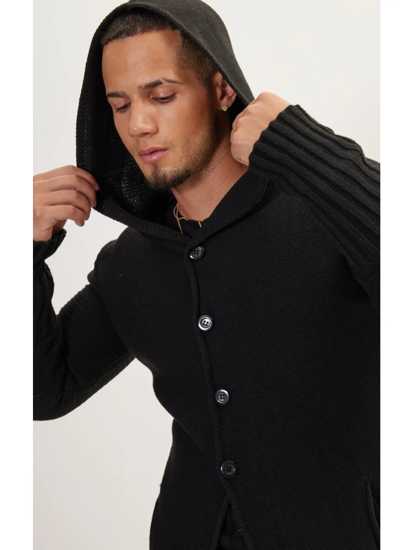 Ron Tomson-Ribbed Sleeves Fitted Cardigan - Black