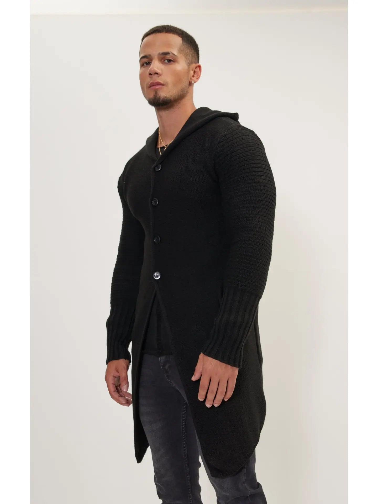 Ron Tomson-Ribbed Sleeves Fitted Cardigan - Black