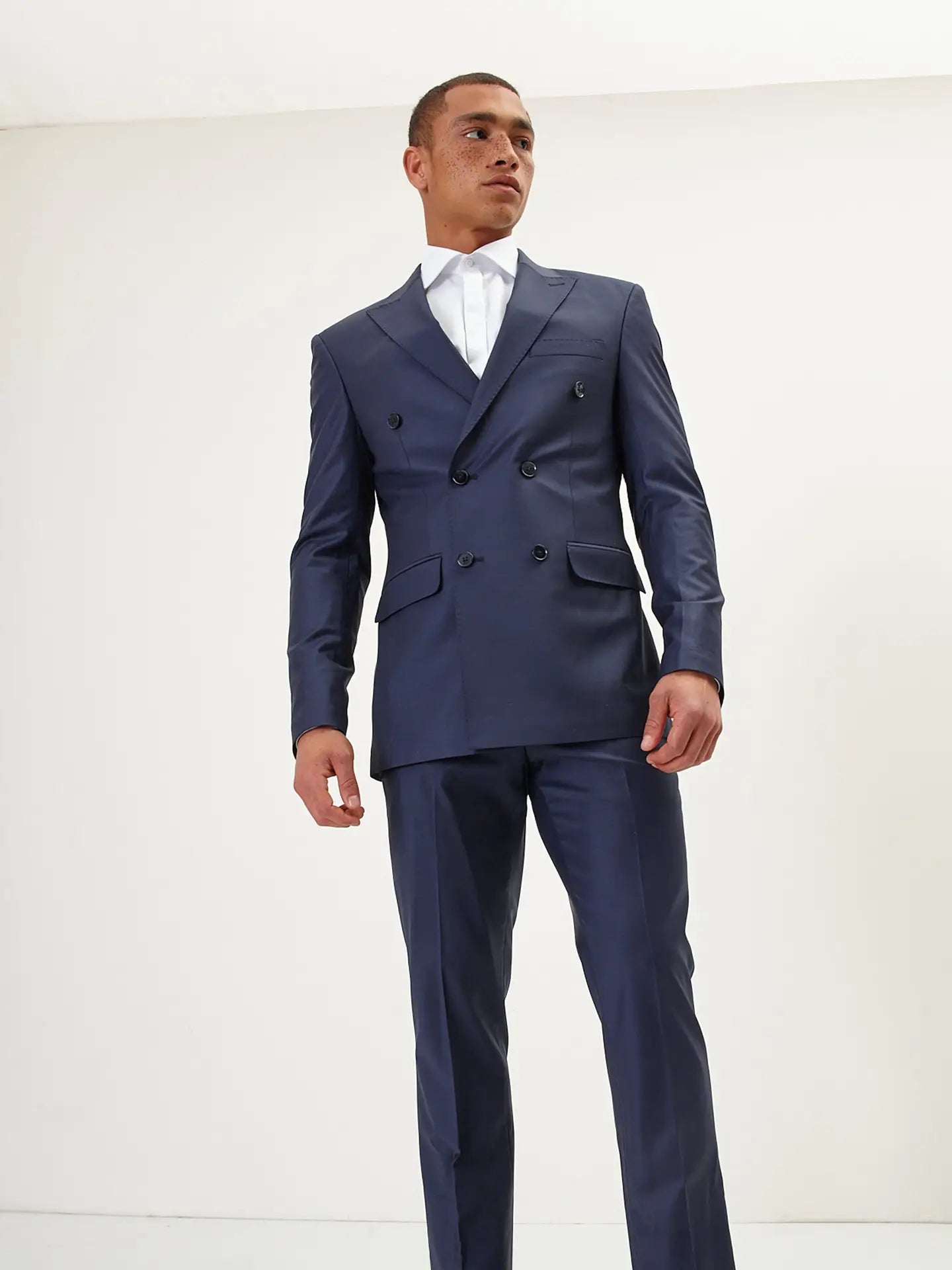Ron Tomson-Men's Super 120S Merino Wool Double Breasted Suit-Solid Navy