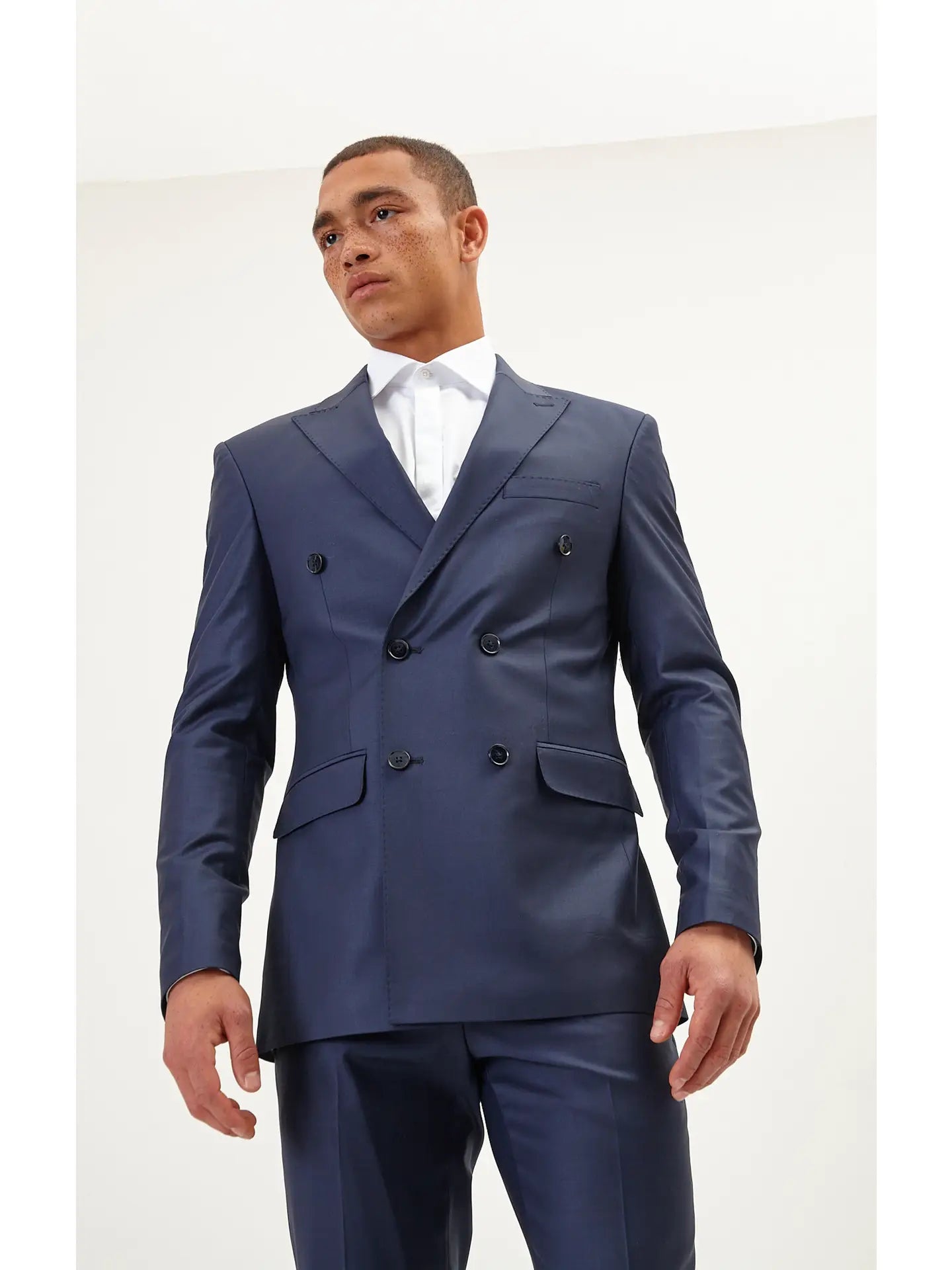 Ron Tomson-Men's Super 120S Merino Wool Double Breasted Suit-Solid Navy