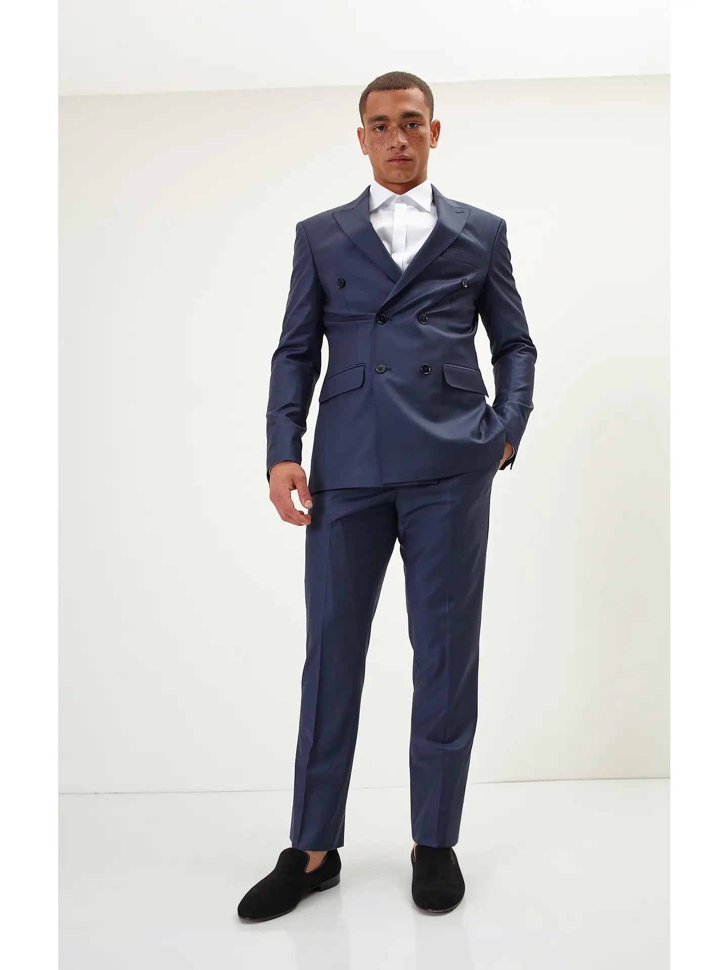 Ron Tomson-Men's Super 120S Merino Wool Double Breasted Suit-Solid Navy
