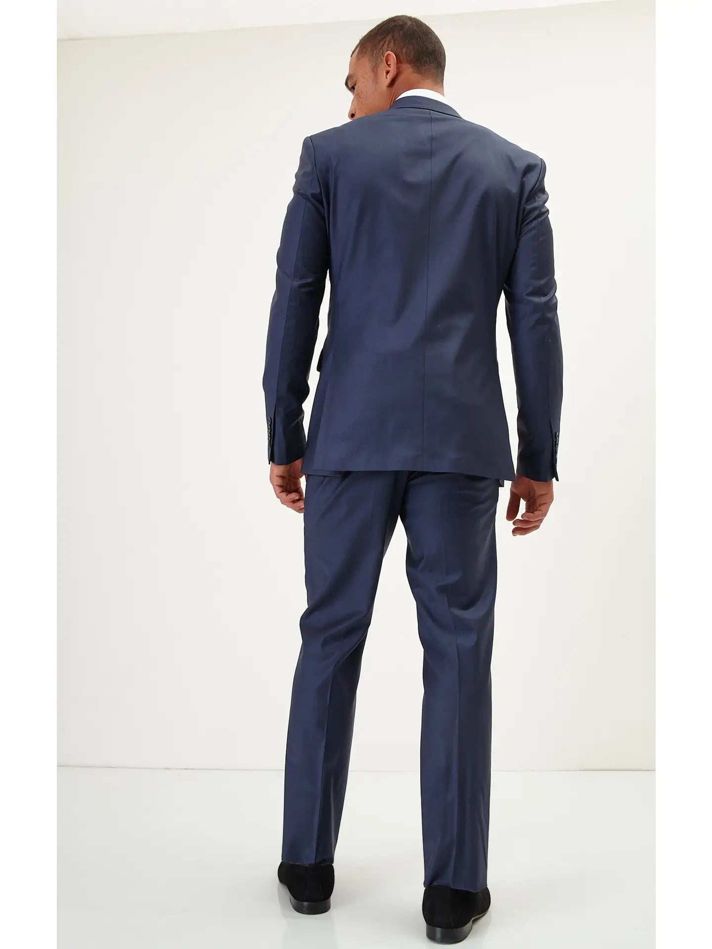 Ron Tomson-Men's Super 120S Merino Wool Double Breasted Suit-Solid Navy